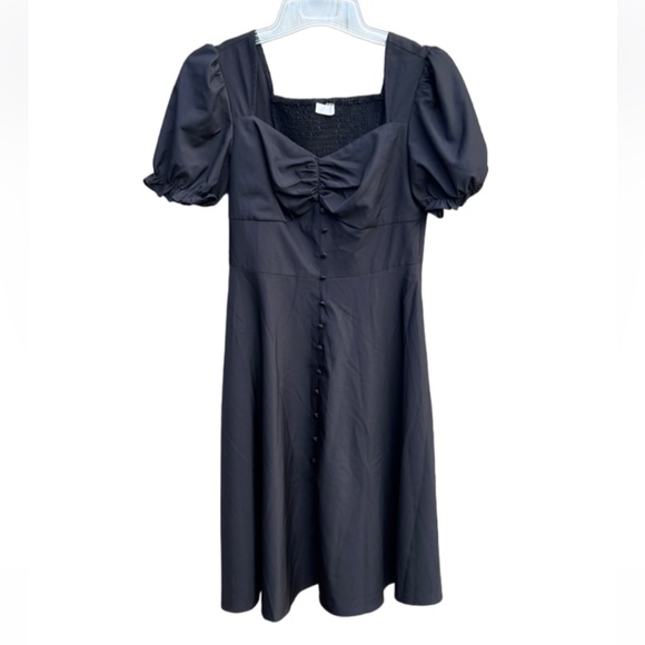 Belle Poque Black Dress Size M Smocked Back Decorative Button Puffed Sleeves - Picture 3 of 15
